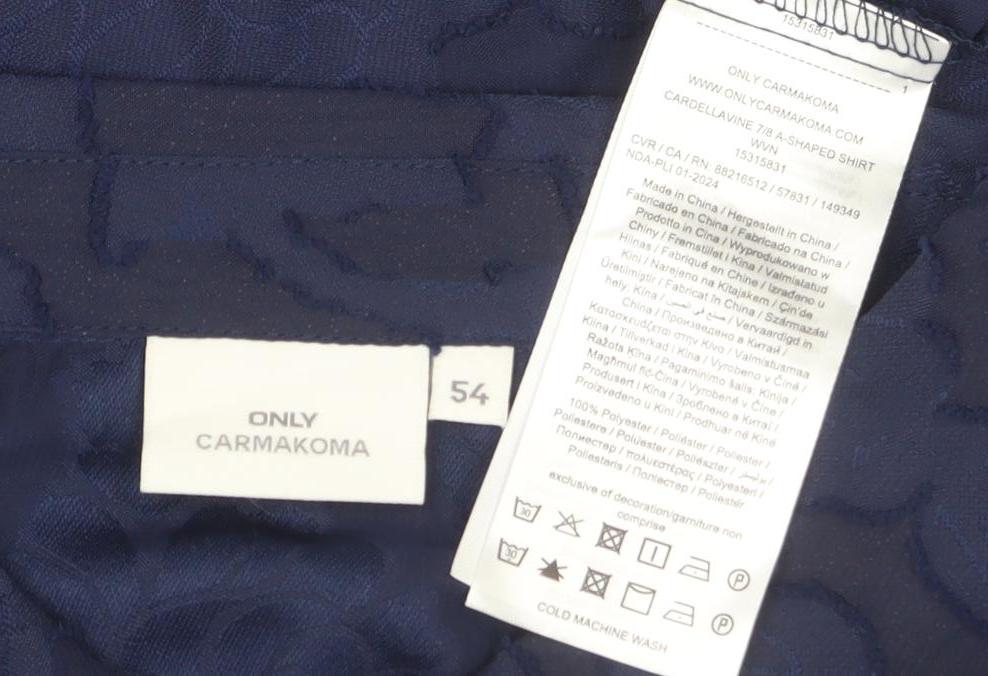 Brand and care label for Only Carmakoma Women's Blue Sheer Floral Button-Up Blouse, size S