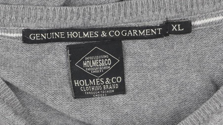 Holmes & Co Men's Grey XL V-Neck Cotton Pullover Jumper