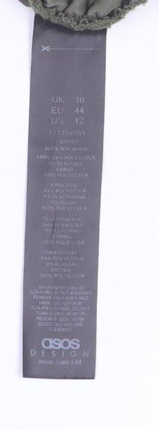 Brand and care label for ASOS Women’s Green Velvet Bodycon Dress, size UK 16, Long Sleeve Partywear