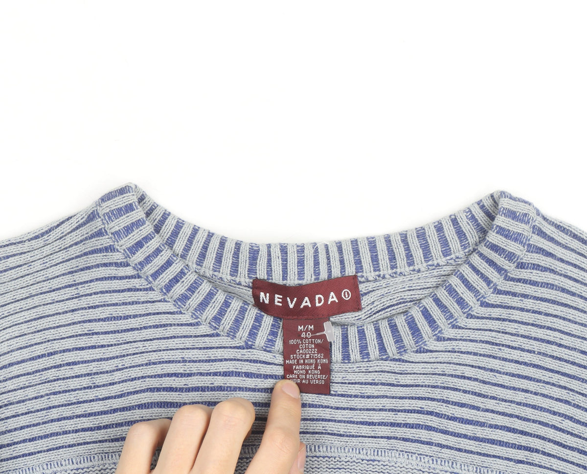 Nevada Men's Grey Cotton Crew Neck Striped Jumper M