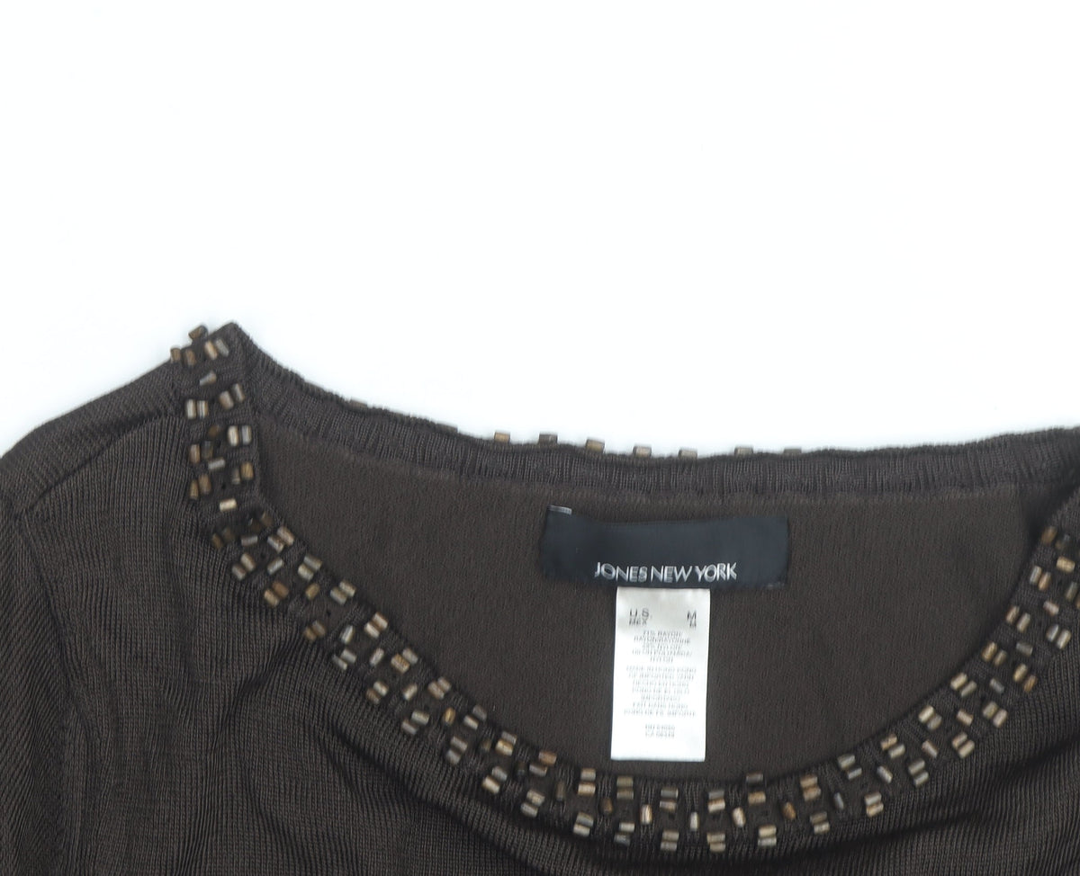 Jones New York Women’s Brown Beaded Boat Neck Long Sleeve Pullover Jumper Size M
