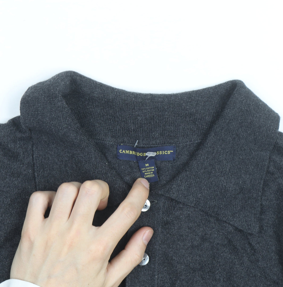 Cambridge Classics Men's Grey Collared Long Sleeve Cotton Blend Polo M