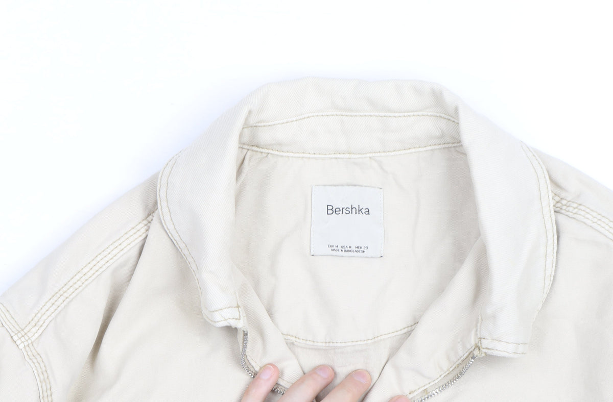 Bershka Men's Beige Cotton Bomber Jacket Size M Zip Pockets Casual