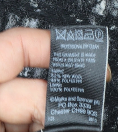 Marks & Spencer Per Una Women's Black Wool Blend Check Long Coat Size 12