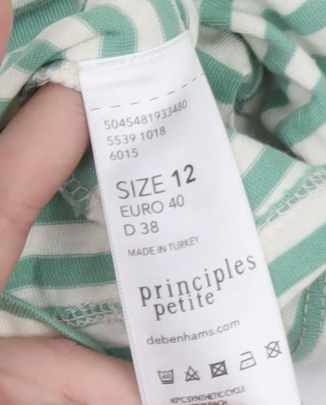 Principles Petite Women's Green Striped 3/4 Sleeve Cotton T-Shirt Size 12