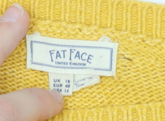 FatFace Women Yellow Cotton Crew Neck Button Detail Pullover Jumper Size 18