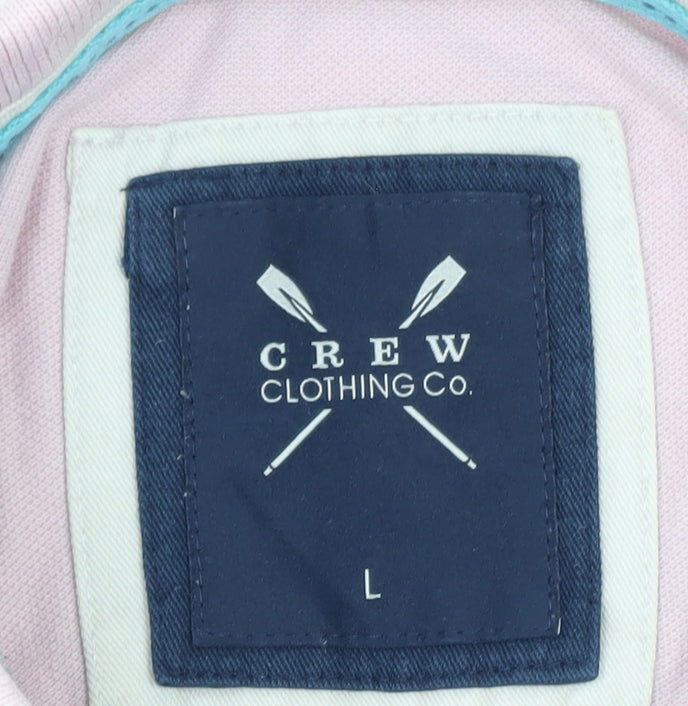Brand and care label for Crew Clothing Men's Pink Cotton Polo Shirt, size L, Classic Fit