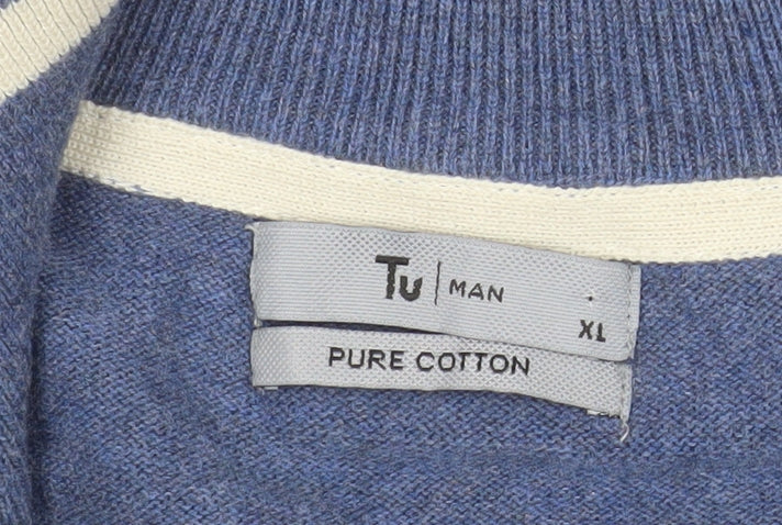 Tu Men's Blue Cotton Half Zip High Neck Jumper XL