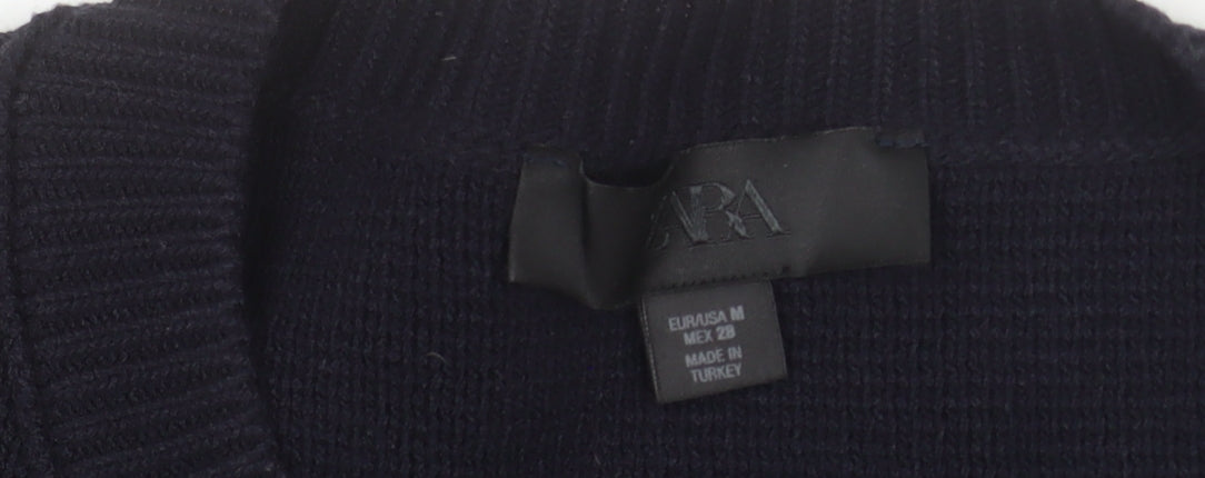 Zara Women’s Black Knit Cardigan M Crew Neck Long Sleeve Classic
