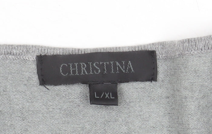 Christina Women Grey Beaded Ruffle V-Neck Cardigan L