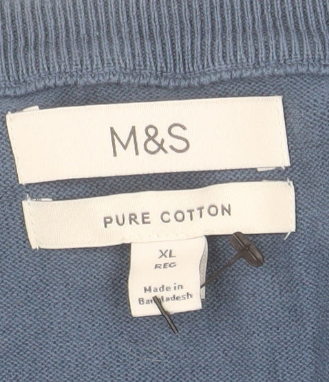 Marks & Spencer Men's Blue XL V-Neck Cotton Pullover Jumper