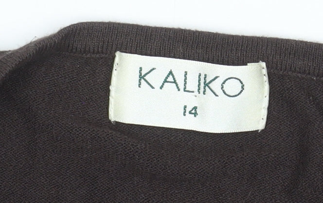 Additional view of Kaliko women’s brown wrap blouse, size UK 14, 3/4 sleeve v-neck buckle