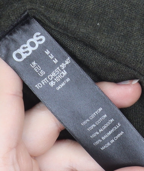 Brand and care label for ASOS Men's Green Cotton Hooded jumper, size M