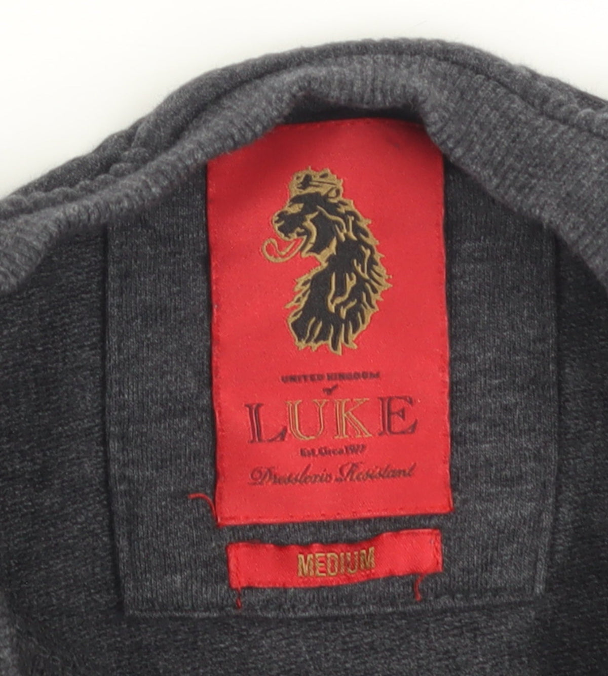 Brand and care label for Luke Men's Grey Crew Neck Zip Pocket Sweatshirt Medium