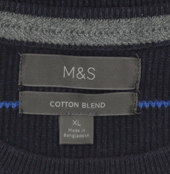 Marks & Spencer Men's Blue Striped Cotton Blend Pullover Jumper XL