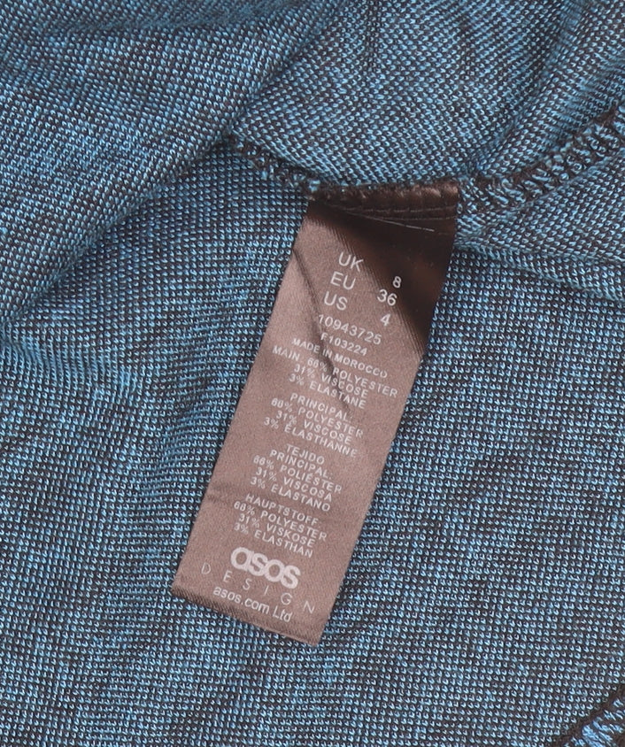 Brand and care label for ASOS Design Women's Blue Check Puff Sleeve Skater Dress, size 8