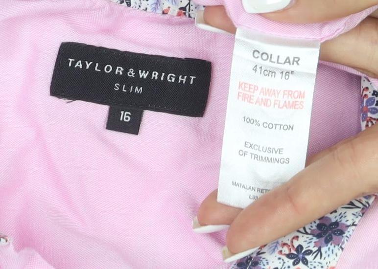Brand and care label for Taylor & Wright Men's Pink Slim Fit Long Sleeve Button-Up Shirt, size 16