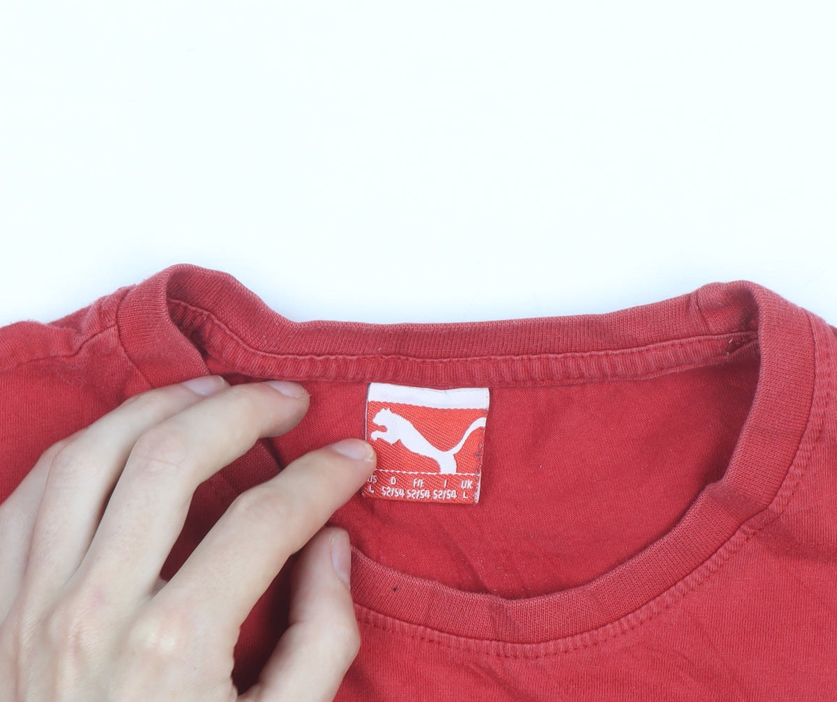 Brand and care label for Puma Men’s Red Graphic Sports T-Shirt, size S, Cotton Crew Neck