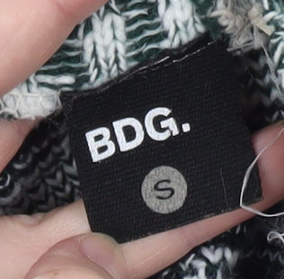 Brand and care label for BDG Women Black White Knit Cardigan Small Open Front Patterned