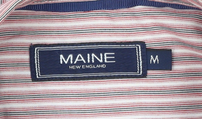 Brand and care label for Maine New England Men's Red Striped Short Sleeve Button-Up Shirt M