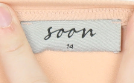 Brand and care label for Soon Women’s Beige Tunic Blouse, size UK 14, Short Sleeve Stretch Top