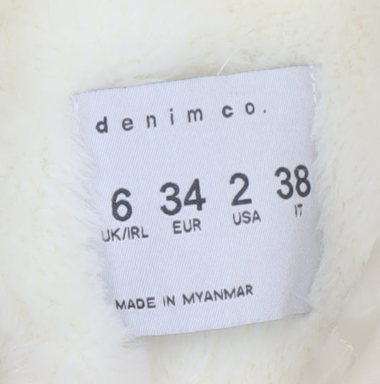 Brand and care label for Denim Co. Women's Ivory Corduroy Bomber Jacket, size 6, Faux Fur Collar