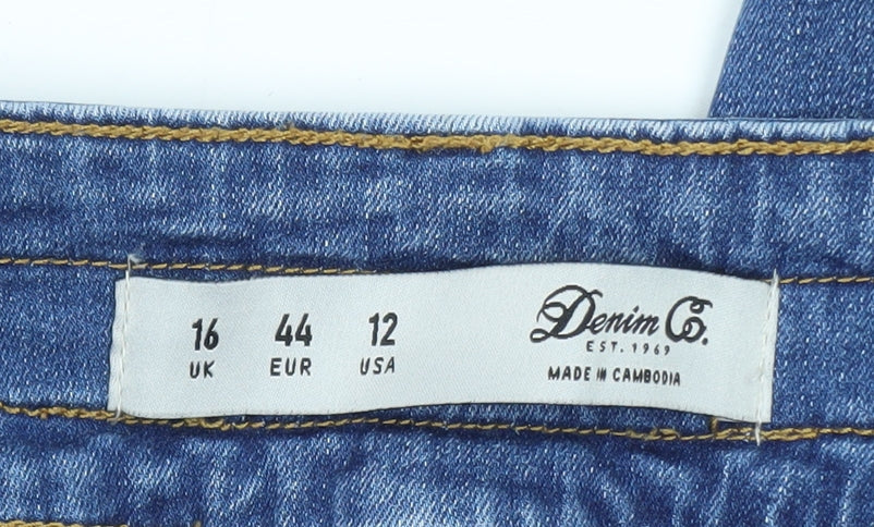 Brand and care label for Denim Co women’s blue skinny jeans, size UK 16, high rise stretch