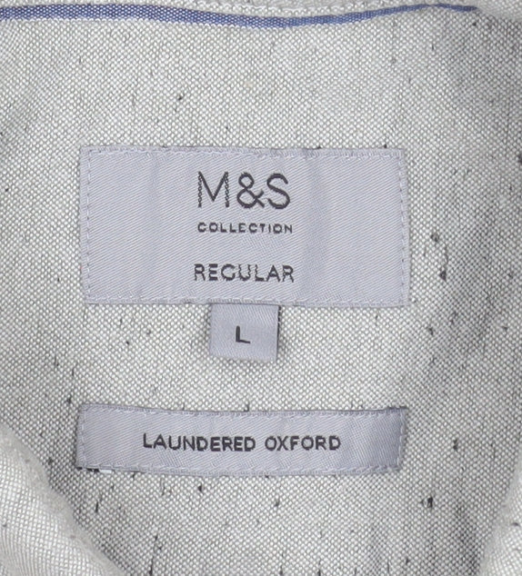 Marks & Spencer Men's Grey Short Sleeve Button-Up Oxford Shirt L