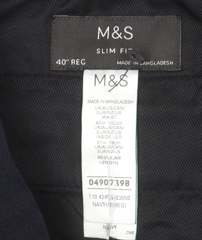 Marks & Spencer Mens Navy Blue Slim Fit Dress Trousers 40W 31L