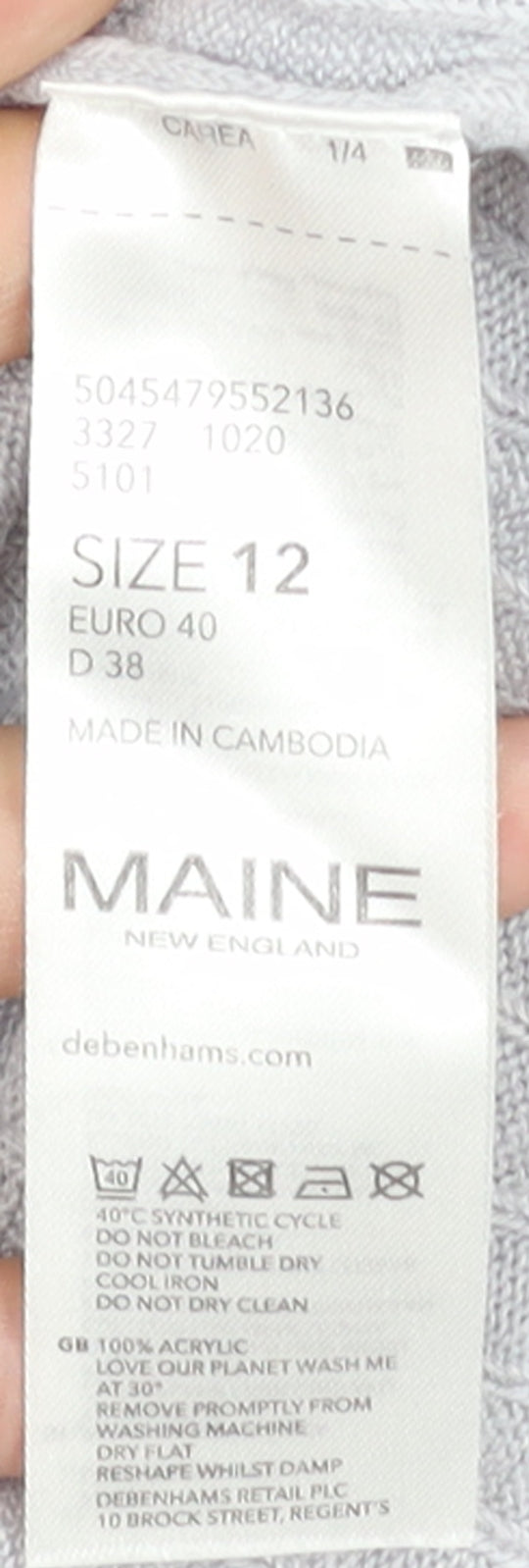 Brand and care label for Maine New England Women’s Grey Cable-Knit Acrylic Jumper, size UK 12