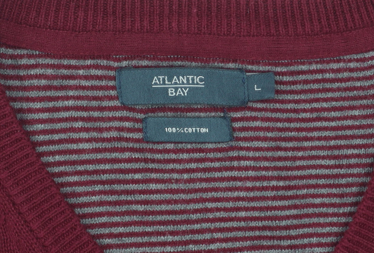 Brand and care label for Atlantic Bay Men's Red Cotton V-Neck Sleeveless Jumper Vest L