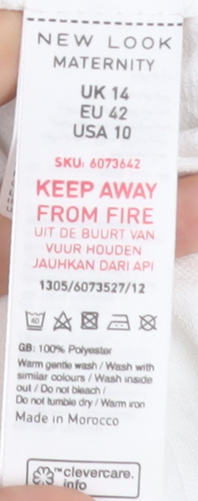 Brand and care label for New Look Maternity White V-Neck Button-Up Long Sleeve Blouse UK 14