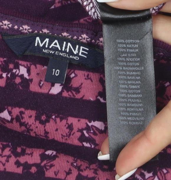 Brand and care label for Maine New England Women's Purple Striped Cotton Long Sleeve V-Neck Top, size 10