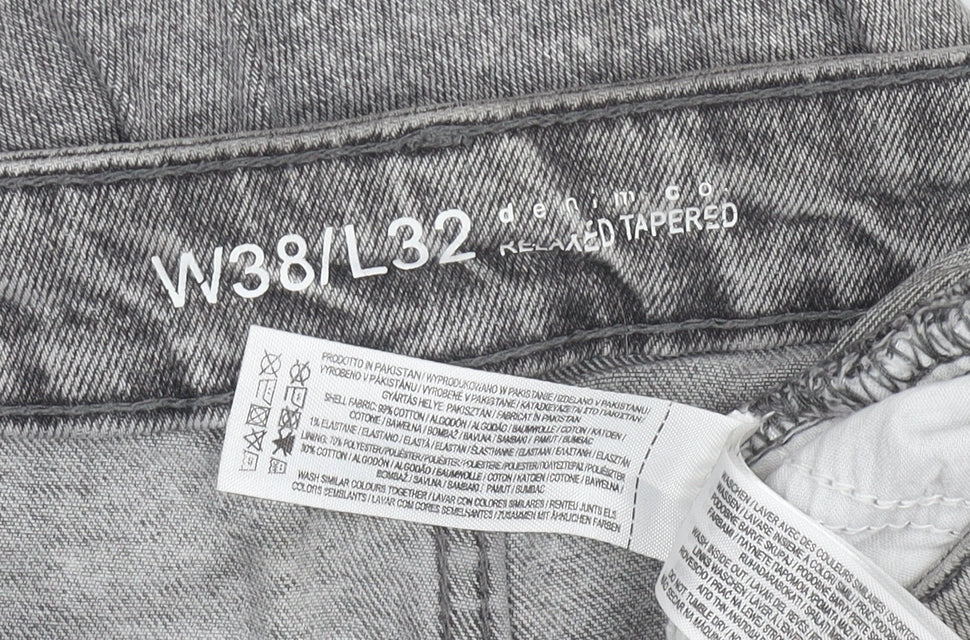 Brand and care label for Denim Co Men's Grey Relaxed Tapered Jeans W38 L32