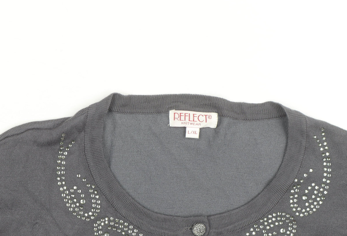 Reflect Mens Grey Rhinestone Crew Neck L Cardigan Knit Jumper