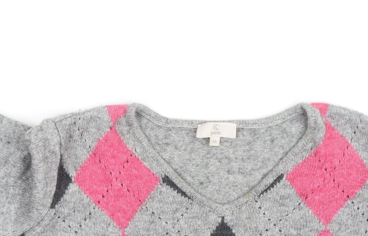 Country Casuals Petite Women's Grey Argyle V-Neck Knit Jumper M