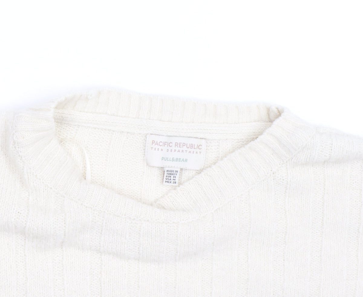 Pull&Bear Womens Ivory Striped Crew Neck Knit Jumper Size M