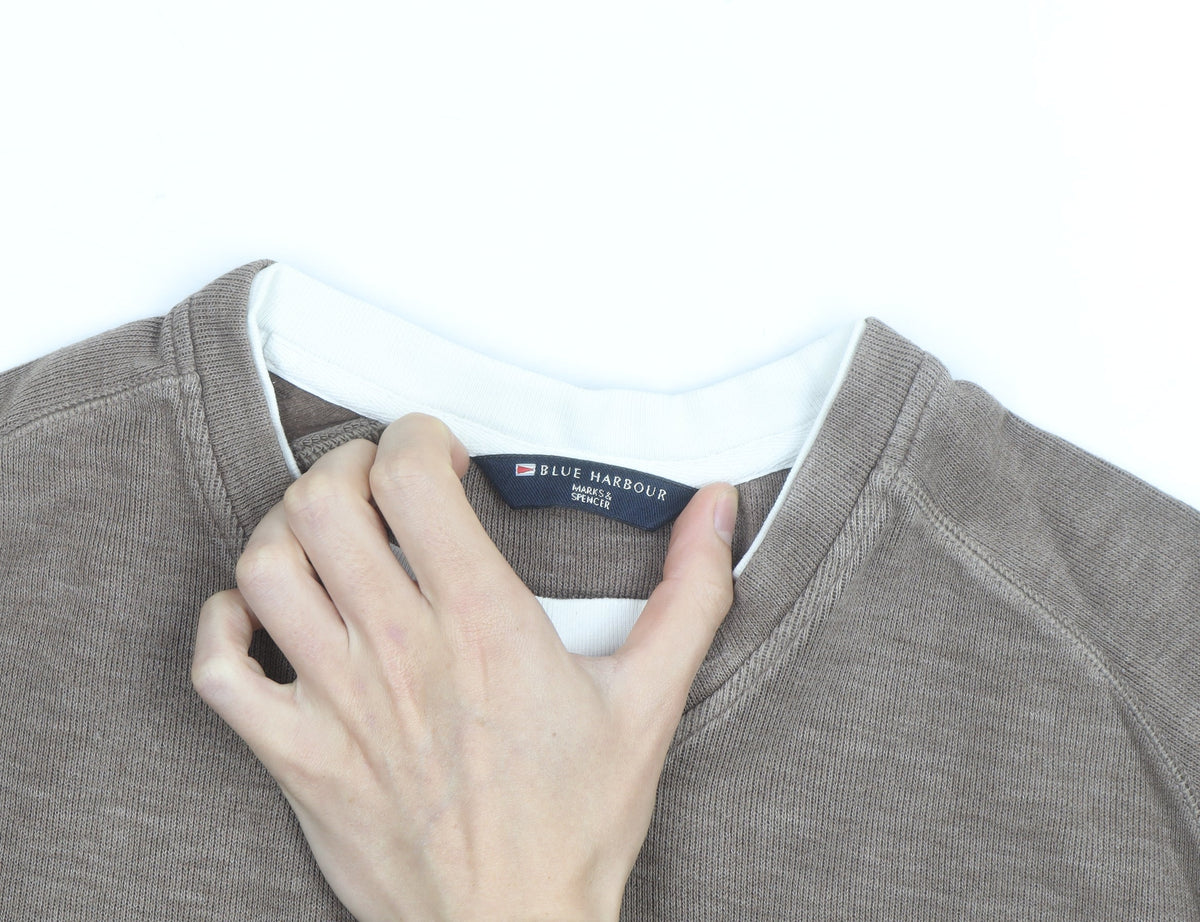 Marks & Spencer Blue Harbour Men Brown Cotton V-Neck Jumper Small