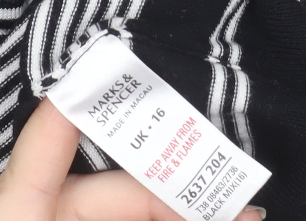 Marks & Spencer Womens Black White Striped V-Neck Knit Jumper UK 16