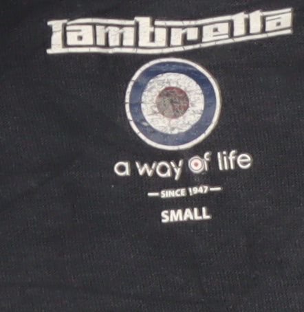 Brand and care label for Lambretta Men's Blue Small Skull Print Cotton Polo Shirt
