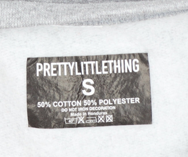 PRETTYLITTLETHING Women Grey Pullover Sweatshirt Size S Logo Print