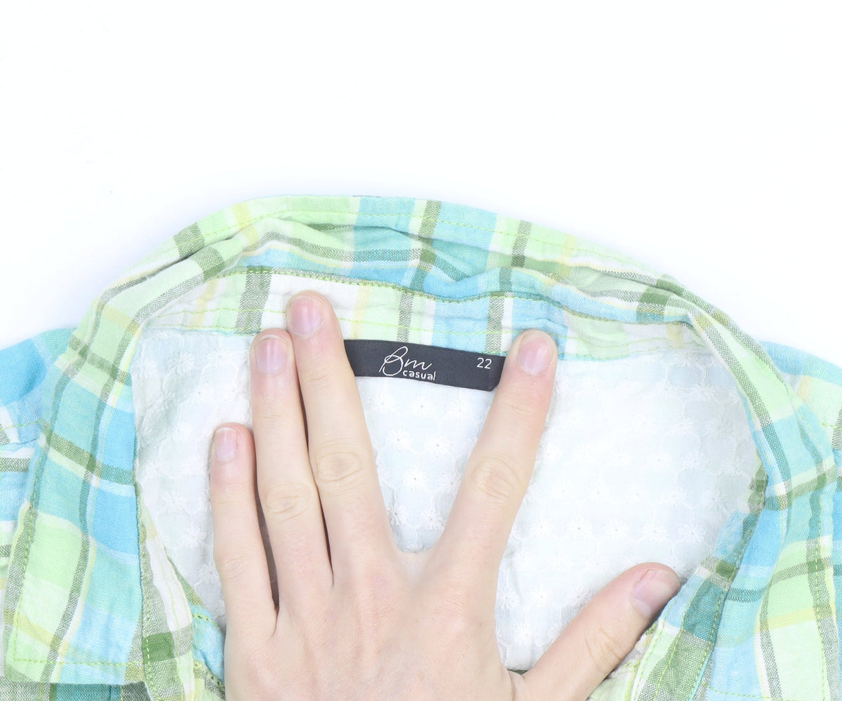 Bonmarché Women Multicoloured Check Linen Blend 3/4 Sleeve Button-Up Shirt Size 22