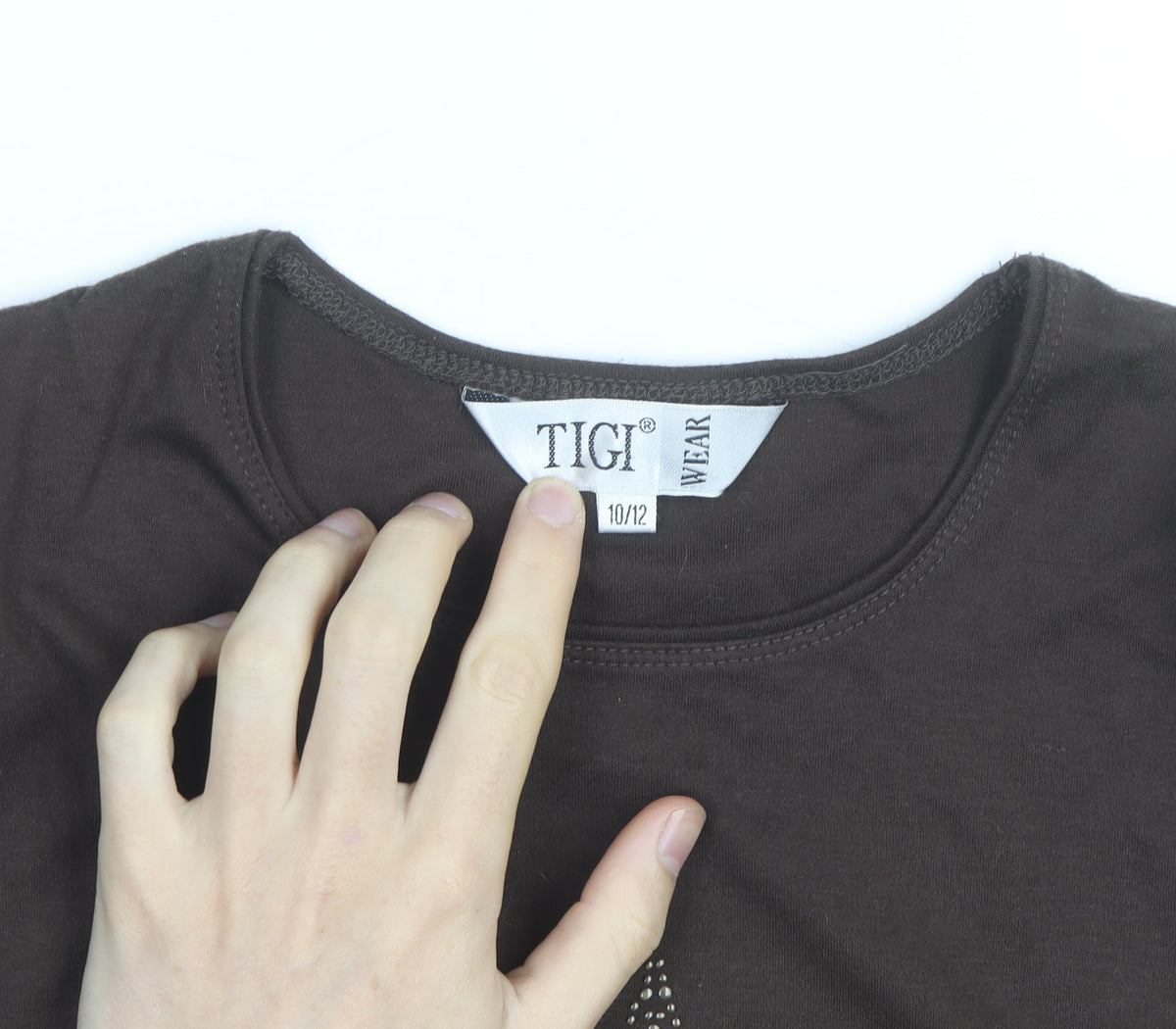 TIGI Women's Brown Beaded 3/4 Sleeve Cotton T-Shirt Size 10