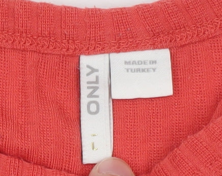 Brand and care label for Only women’s red cropped halter tank top, size L