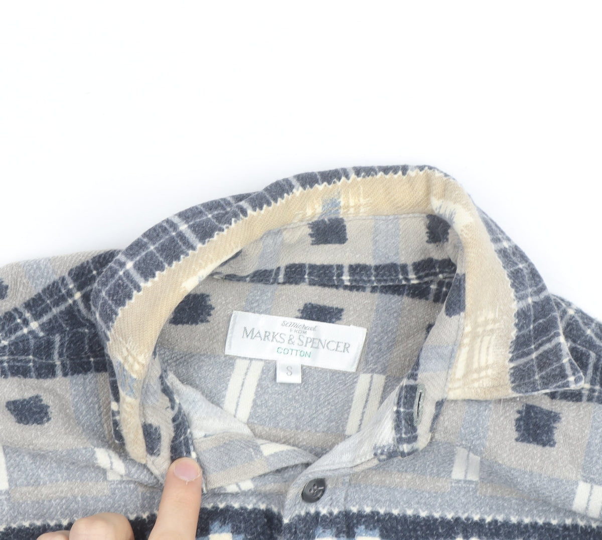 Marks & Spencer Men's Beige Check Flannel Cotton Long Sleeve Shirt S