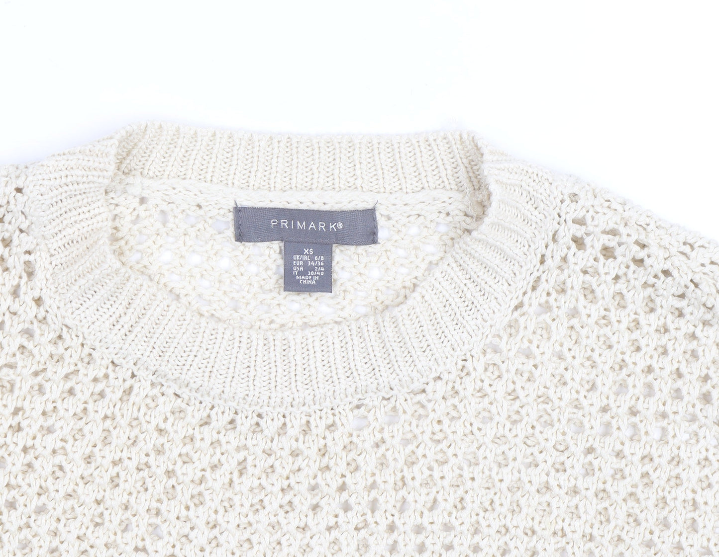 Primark Women Beige XS Open-Knit Cotton Crew Neck Jumper