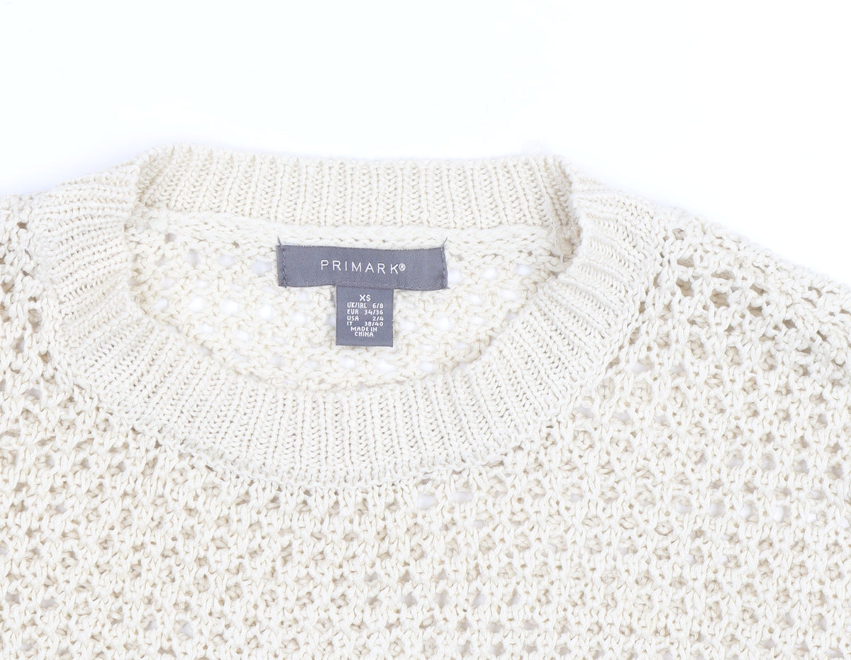 Primark Women Beige XS Open-Knit Cotton Crew Neck Jumper