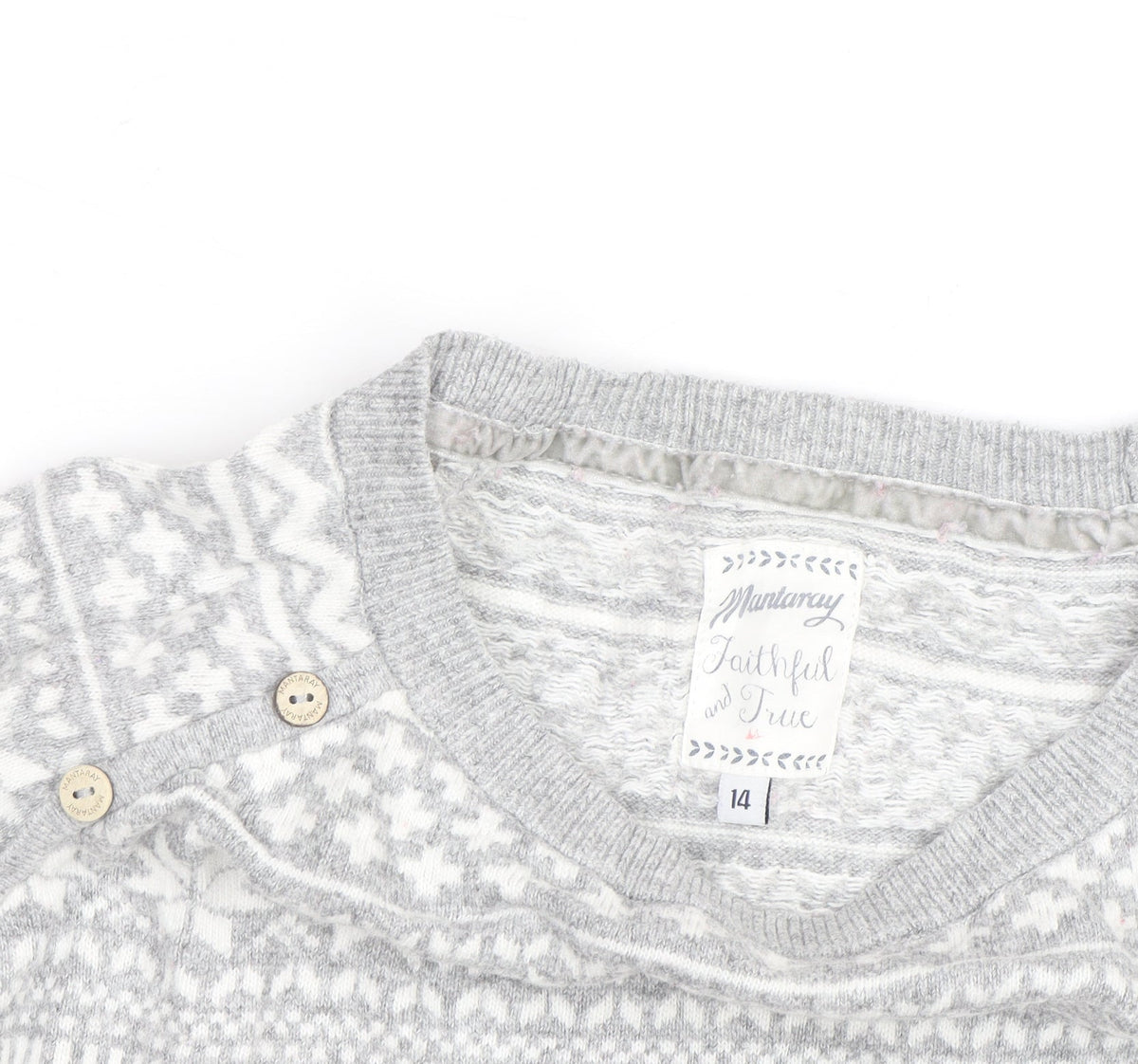 Additional view of Mantaray Women's Grey Fair Isle Button Crew Neck Jumper, size 14