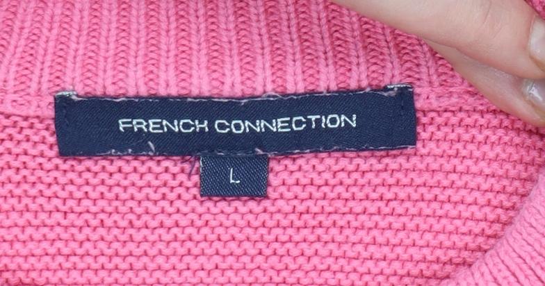 Brand and care label for French Connection Women's Pink Cotton Short Sleeve Jumper L