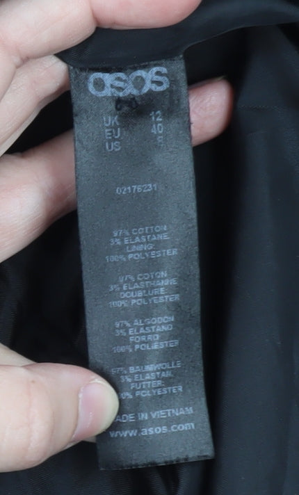 Brand and care label for ASOS Women's Black Double-Breasted Mid-Length Coat UK 12